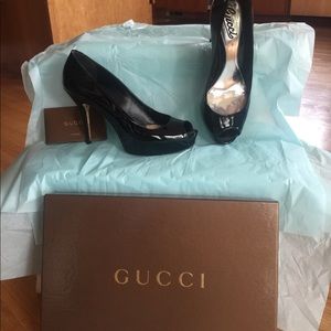 Gucci Black Patent Platform Peep Toe Pumps